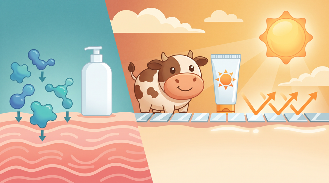 Chemical vs. mineral sunscreen illustration: chemical filters sinking into skin on the left, grass-fed tallow plus zinc oxide reflecting UV on the right