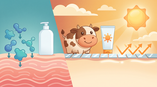 Chemical vs. mineral sunscreen illustration: chemical filters sinking into skin on the left, grass-fed tallow plus zinc oxide reflecting UV on the right