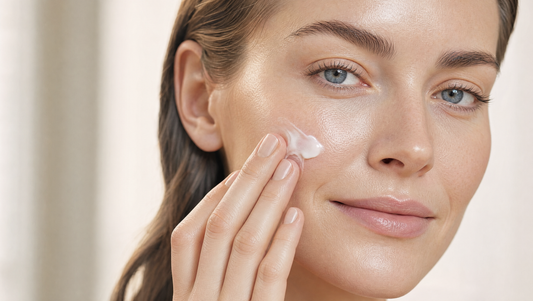 Fair-skinned woman with dewy, healthy, plump glowing skin applying grass-fed tallow cream to her cheek