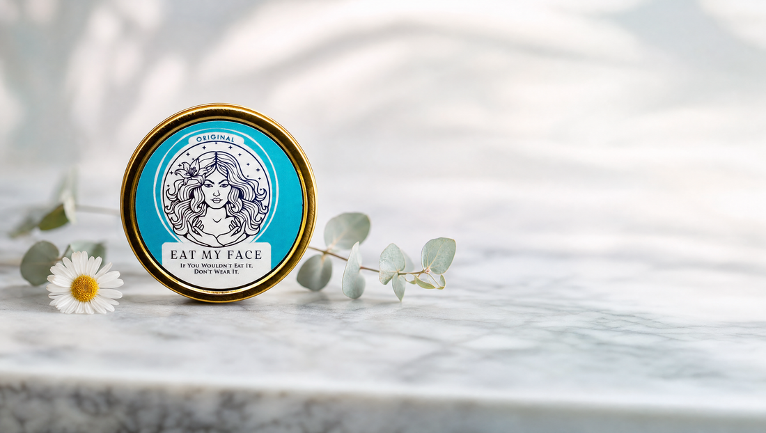 Eat My Face Original tallow moisturizer tin on clean marble — is beef tallow non-comedogenic