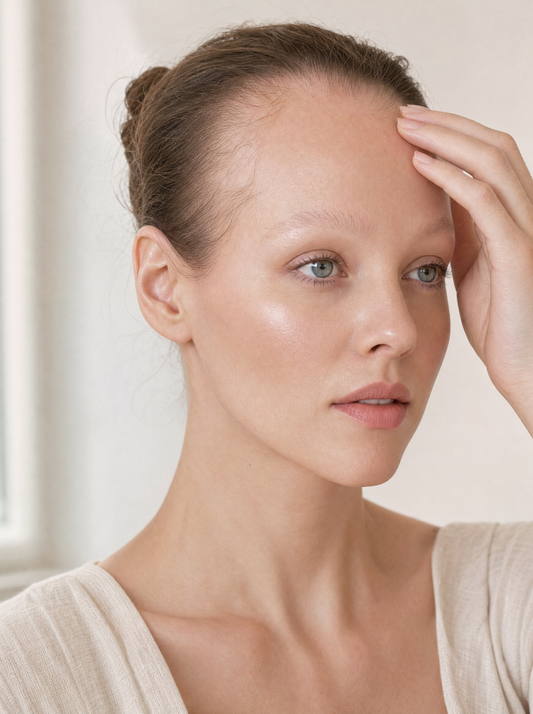 Young woman with clear skin and a thinning, receding hairline and sparse eyebrows, touching her forehead.