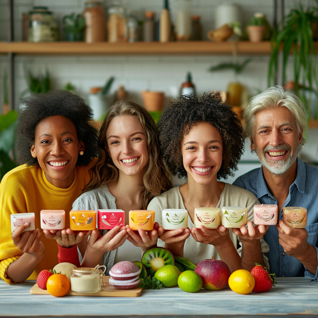 edible beauty skincare products shown with smiling group holding colorful skincare bars on kitchen table with fresh fruit