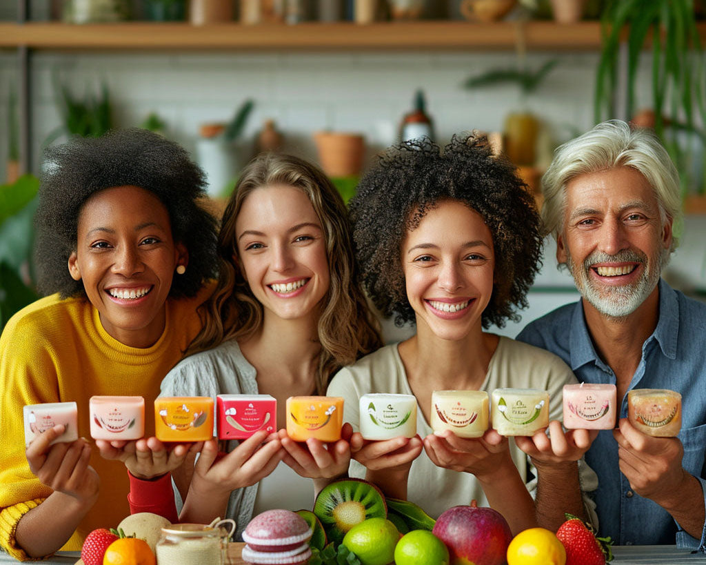 edible beauty skincare products shown with smiling group holding colorful skincare bars on kitchen table with fresh fruit