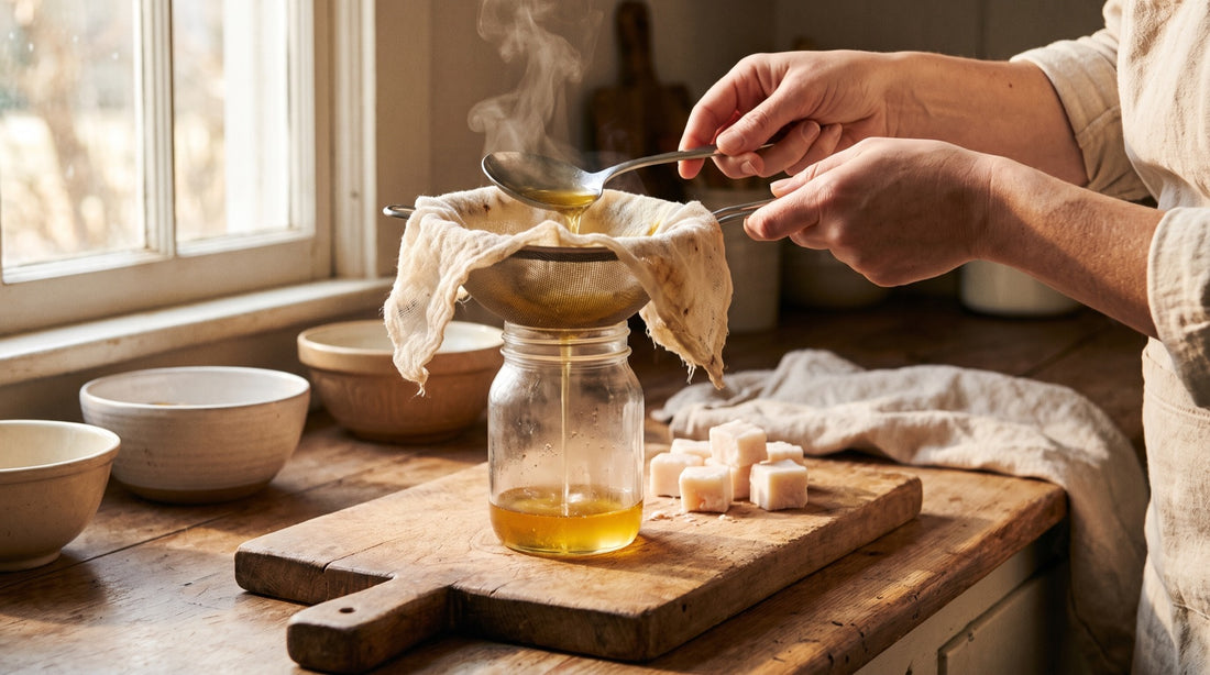 Melted golden fat being poured through a cheesecloth-lined sieve into a clean glass jar, with cubes of raw suet nearby