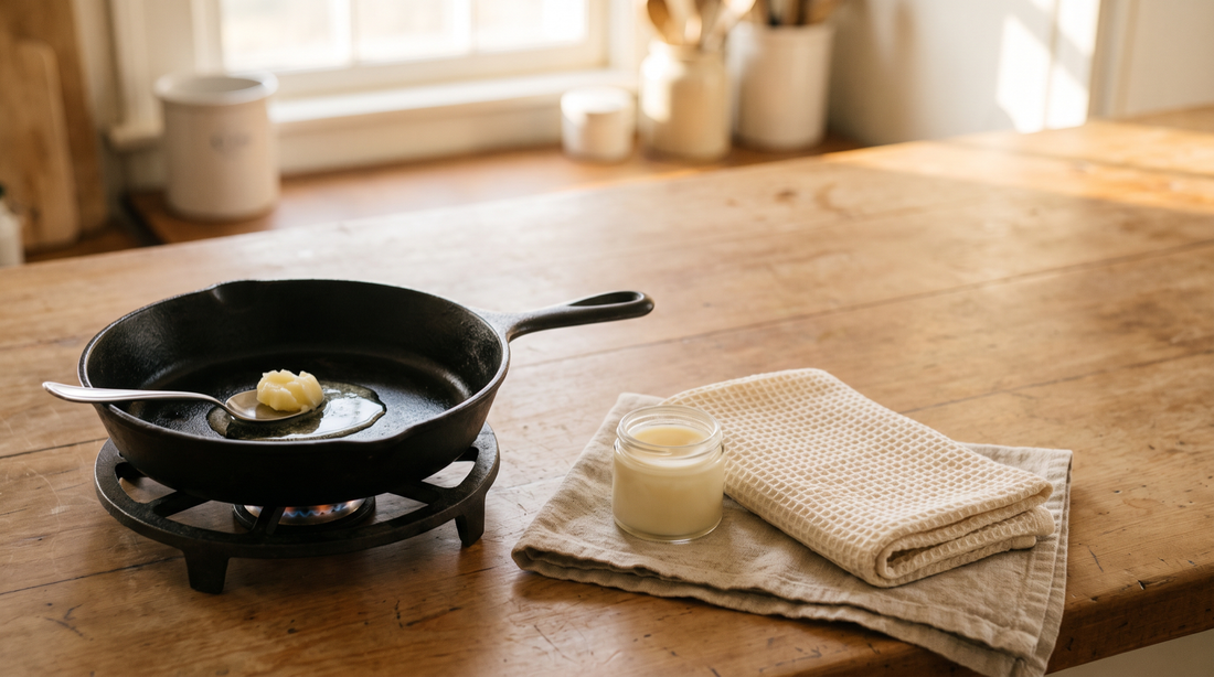 Tallow melting in a pan on one side and a jar of balm with a towel on the other, is beef tallow healthy for skin and kitchen
