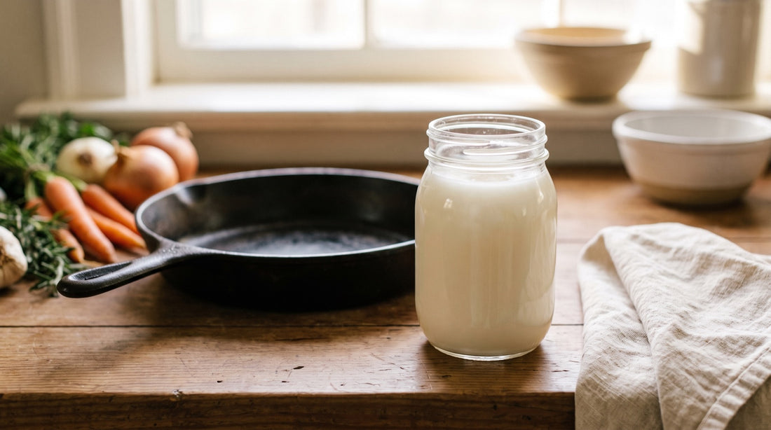 An open jar of white beef tallow on a wooden counter between fresh vegetables with a cast-iron pan and a folded linen towel