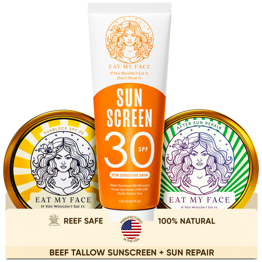 Eat My Face beef tallow sunscreen SPF 30 tube with tin and After Sun Repair — safe natural family skincare for kids