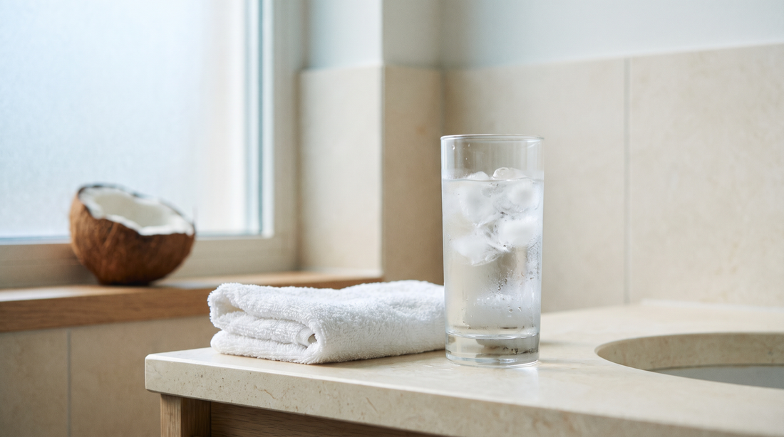 Ice water and a cool damp towel in focus with a coconut half blurred behind, is coconut oil good for sunburn