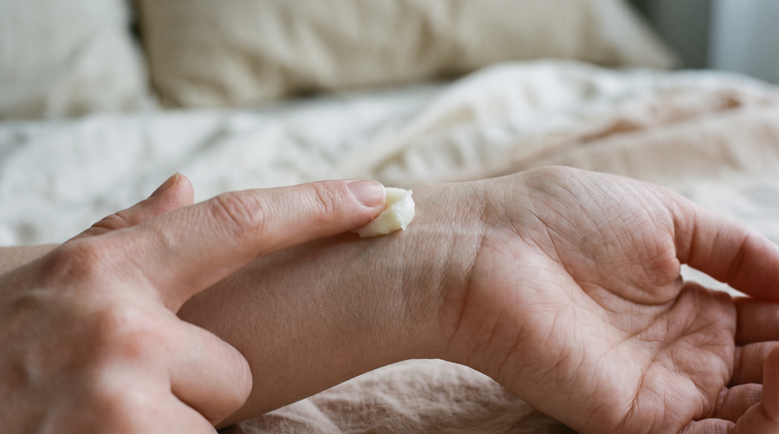 A hand pressing firm ivory mutton tallow onto the inside of a wrist, is mutton tallow good for scars