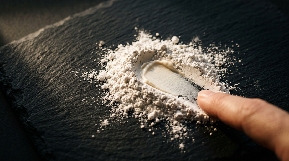 White zinc oxide powder and a cream swatch on black slate, is tallow sunscreen effective when zinc does the work