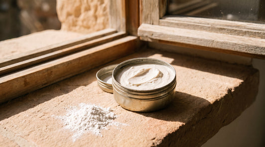 An open metal tin of thick pale mineral cream with zinc oxide powder spilled beside it on warm stone