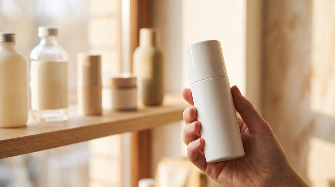 A hand turning a plain white cosmetic bottle to check its back panel