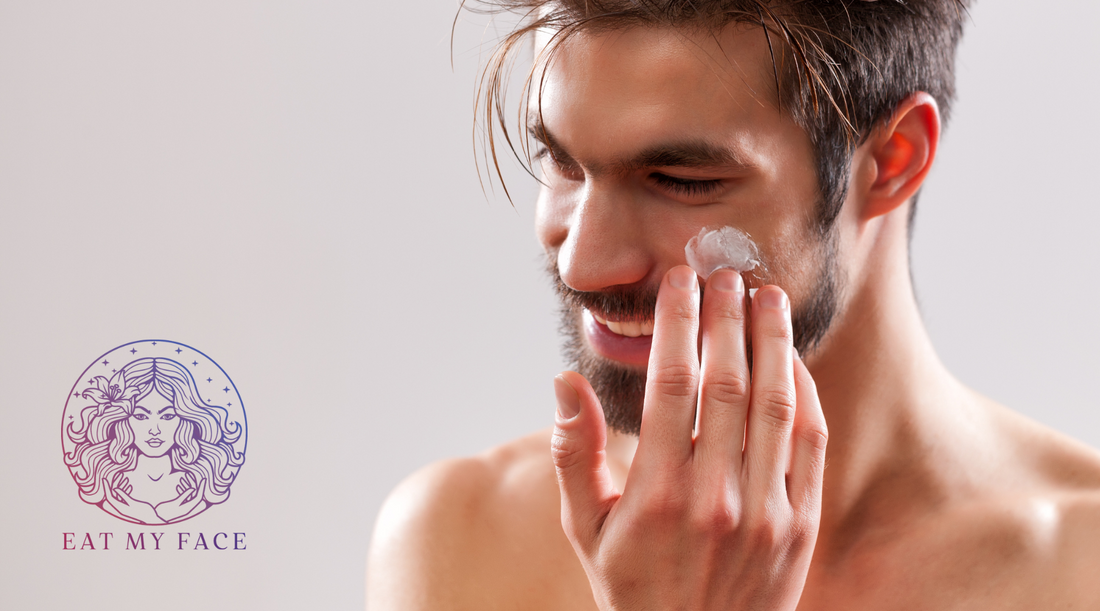 beef tallow skincare for men applying moisturizer to cheek in simple 3-step routine
