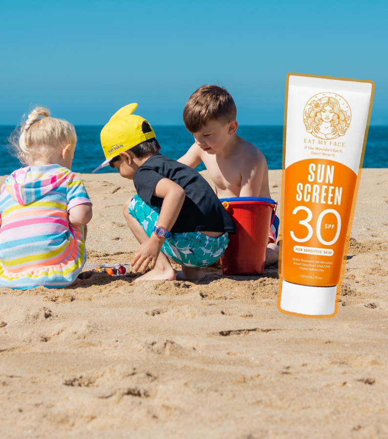 does beef tallow sunscreen work? Kids playing on beach with SPF 30 mineral sunscreen tube for sun protection
