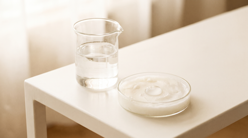 Water in a beaker beside solid white fat with a droplet beading on it, the difference between moisturizer and lotion