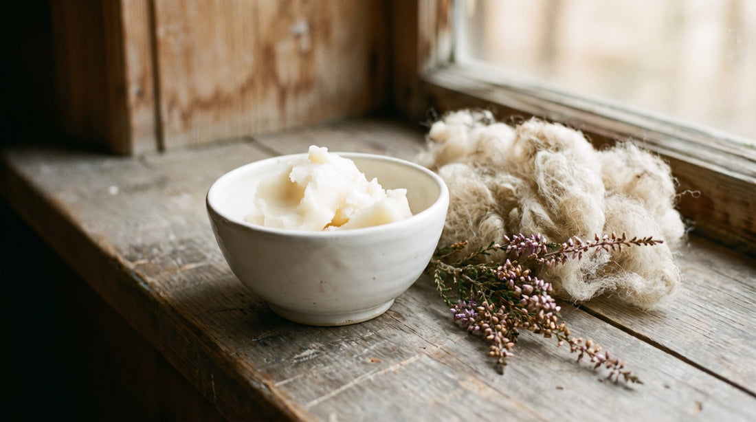 A bowl of firm ivory sheep tallow on weathered wood beside raw wool and dried heather