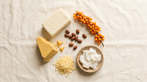 Shea butter, cocoa butter, jojoba seeds, sea buckthorn berries, beeswax and tallow laid out in a circle, natural ingredients in skin care products