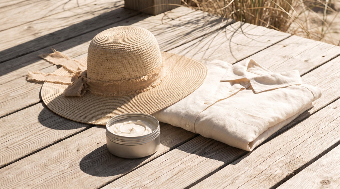 A straw sun hat, linen shirt and metal tin of mineral cream on a sun-bleached wooden deck