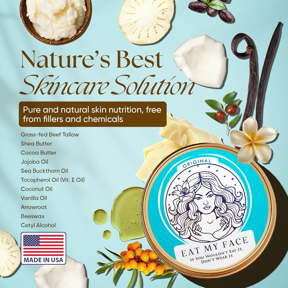 Eat My Face grass-fed tallow skincare in a natural setting — tallow is a co-product of the existing beef industry