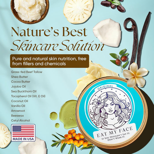 Eat My Face grass-fed tallow skincare in a natural setting — tallow is a co-product of the existing beef industry