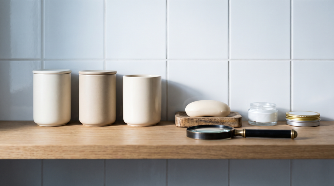 Three unlabelled skincare containers on a bathroom shelf with a magnifying glass, for a non toxic skin care products label test