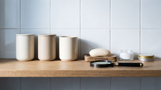 Three unlabelled skincare containers on a bathroom shelf with a magnifying glass, for a non toxic skin care products label test