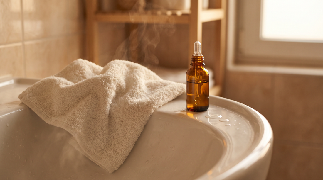 A damp washcloth over a basin with a dropper bottle of cleansing oil, the oil cleansing method
