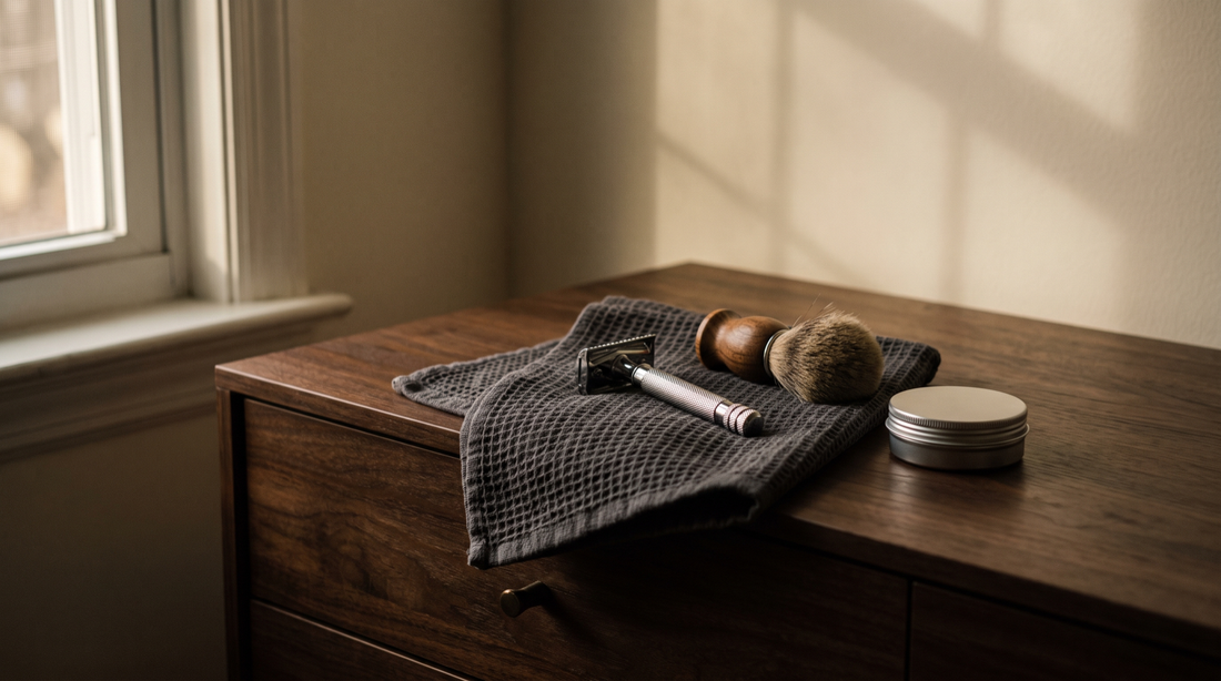 Safety razor, shaving brush and a tin of balm on a walnut dresser, organic men's grooming products