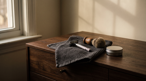 Safety razor, shaving brush and a tin of balm on a walnut dresser, organic men's grooming products