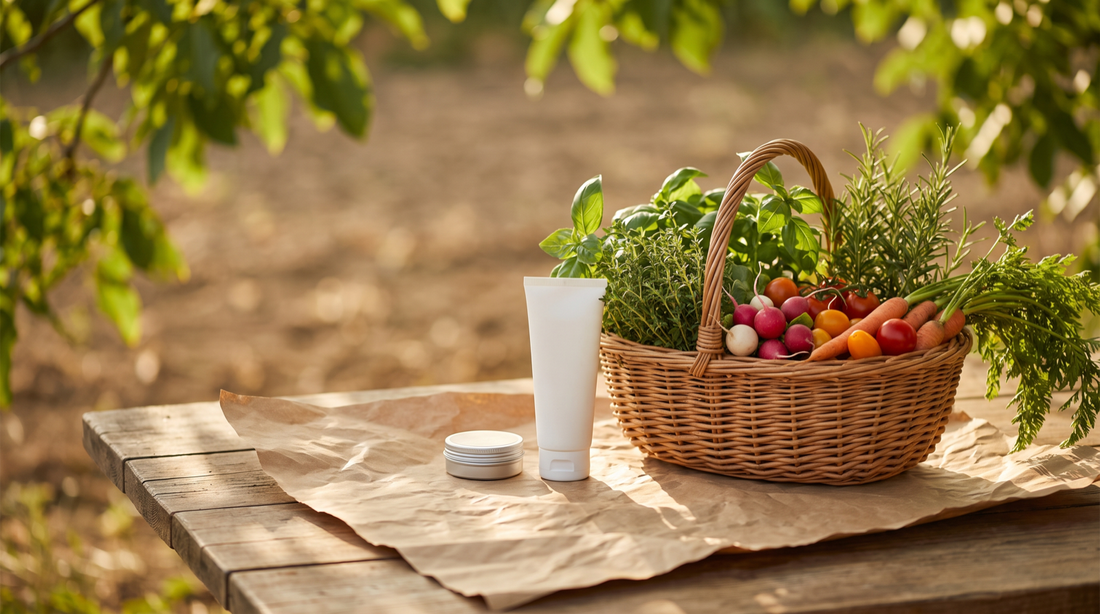 A sunscreen tube and tin on kraft paper at a farm stand with fresh produce, what an organic tallow sunscreen label can promise