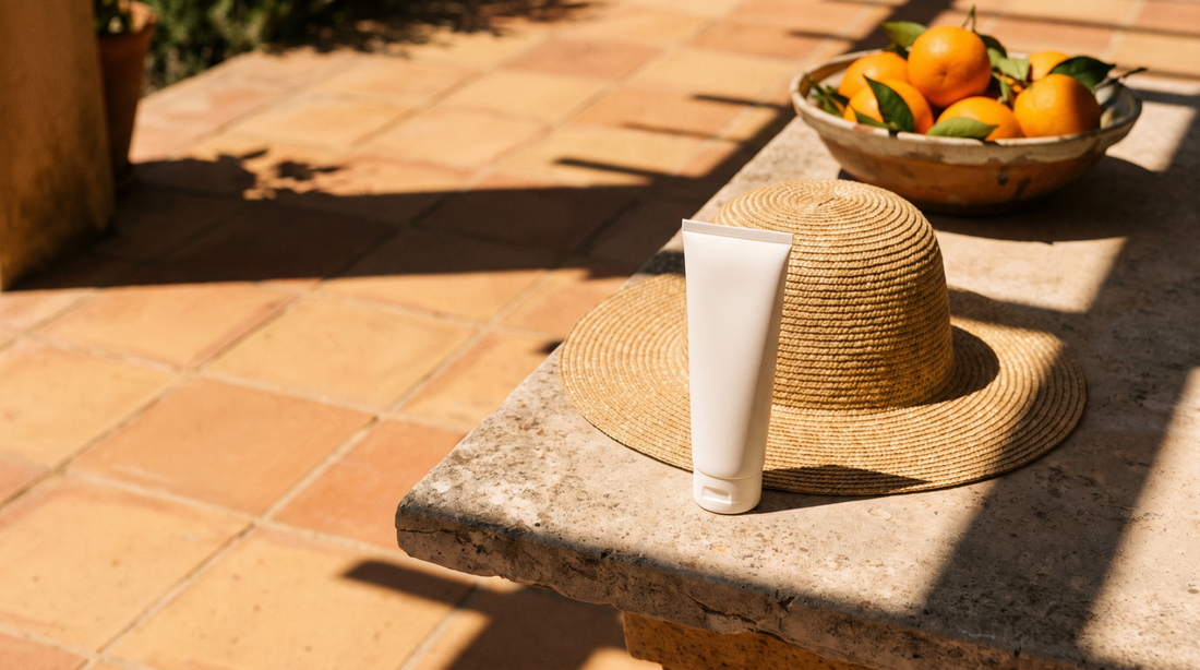 Straw hat and a white sunscreen tube on a terracotta terrace in hard midday sun, protector solar mineral