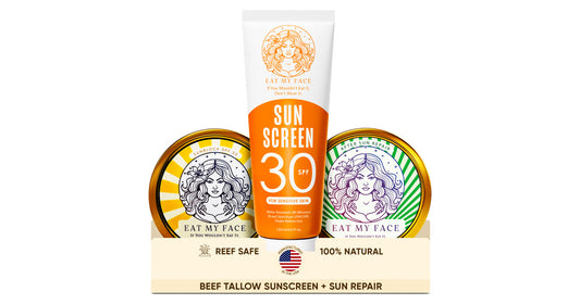 Eat My Face Sunblock SPF 30, Sunscreen SPF 30, and After Sun Repair — grass-fed beef tallow, reef-safe, 100% natural, made in the USA.
