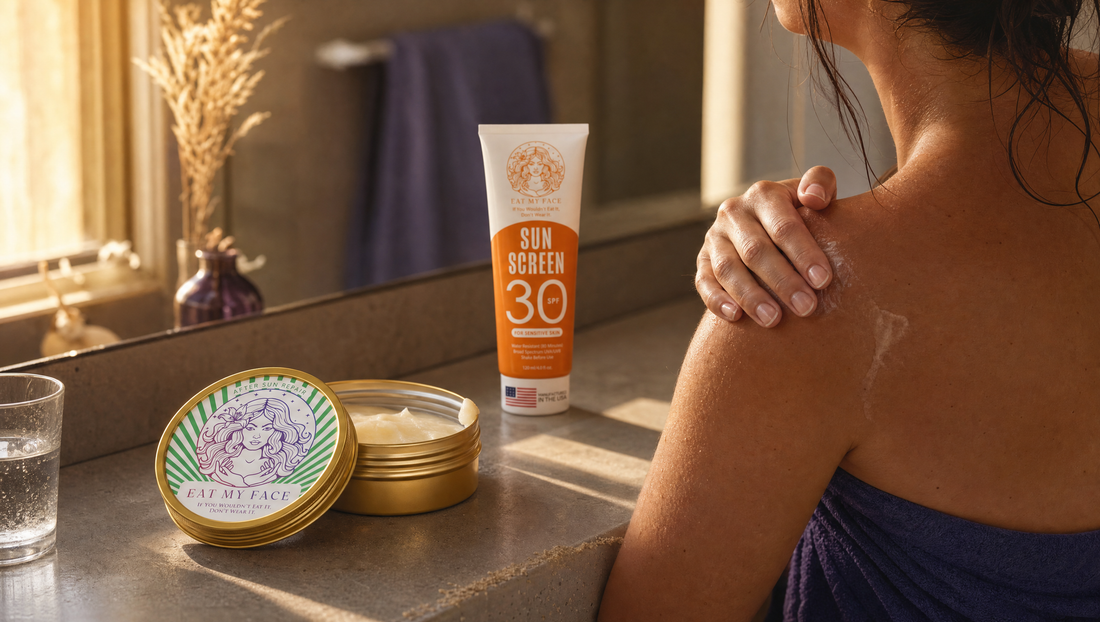 Woman post-beach at bathroom vanity with EMF After Sun balm and SPF 30 mineral sunscreen tube