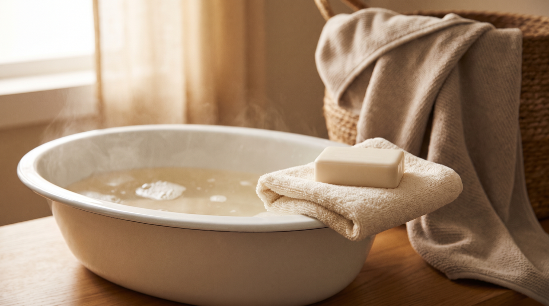 A baby bathtub with a pale soap bar on a washcloth on the rim, soap for infants