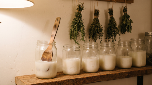 A row of glass jars of white tallow on a pantry shelf, what to look for in a tallow cream