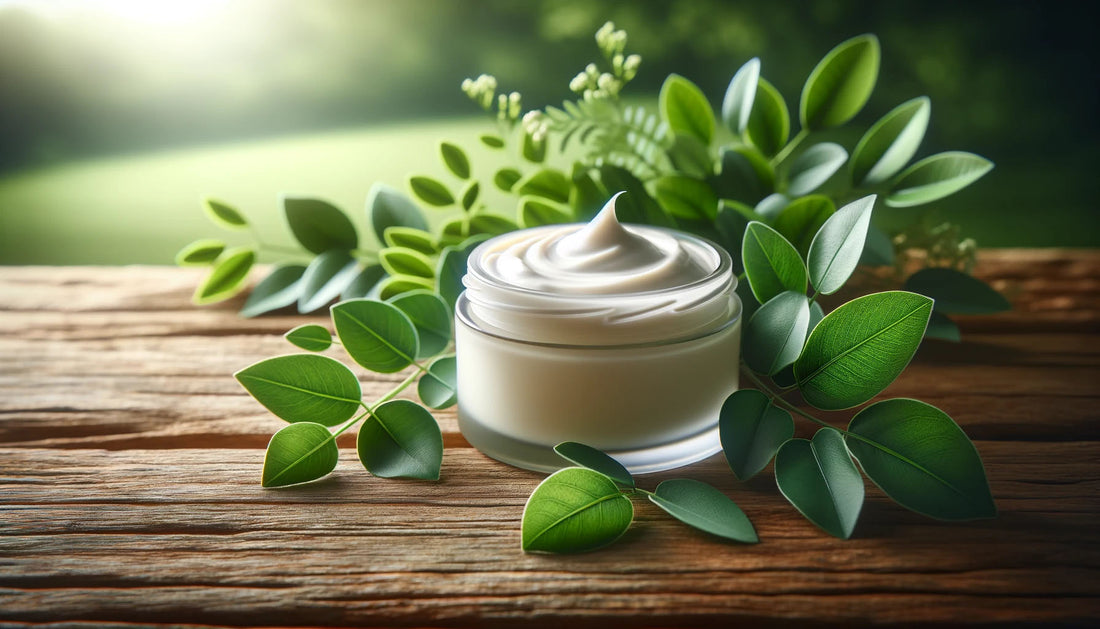 Alt Tag: beef tallow cream for scars in a glass jar on a wooden table with green leaves, clean simple skincare routine
