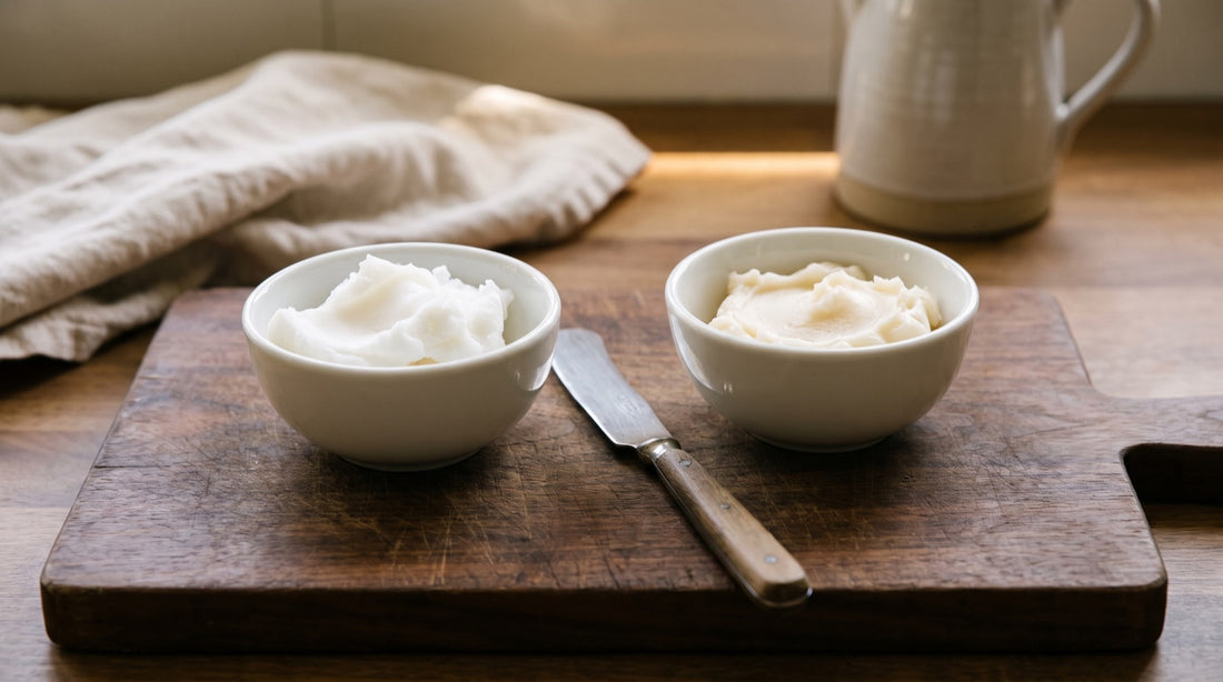 Two small bowls side by side on a wooden board, one of firm white beef tallow and one of softer ivory lard