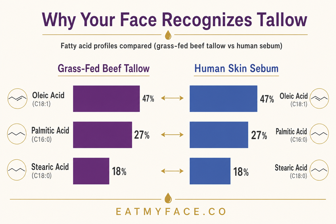 Comparison of grass-fed beef tallow and human skin sebum fatty acid profiles, showing 47% oleic, 27% palmitic, 18% stearic acids — nearly identical ratios