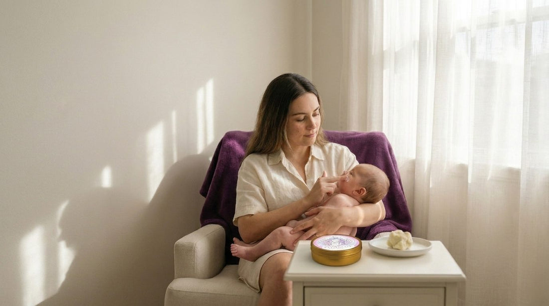 Mother applying Eat My Face Baby Momma tallow cream to her baby in a sunlit nursery — Tallow vs Shea Butter comparison