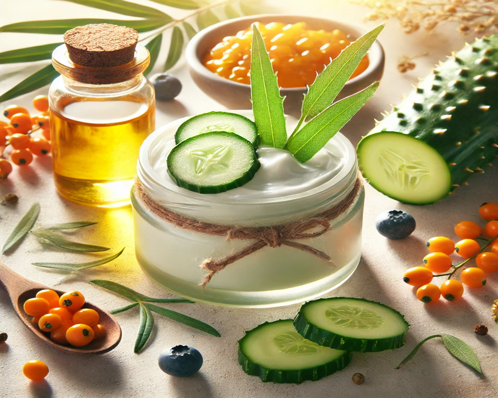 tallow for after sun care jar with soothing cream, cucumber slices, and herbal ingredients for natural hydration and repair