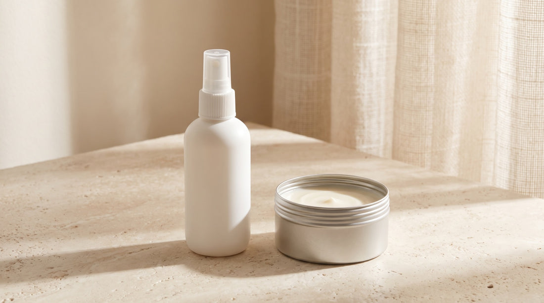 An unlabelled pump-spray bottle standing beside a round metal tin of pale cream on sunlit stone