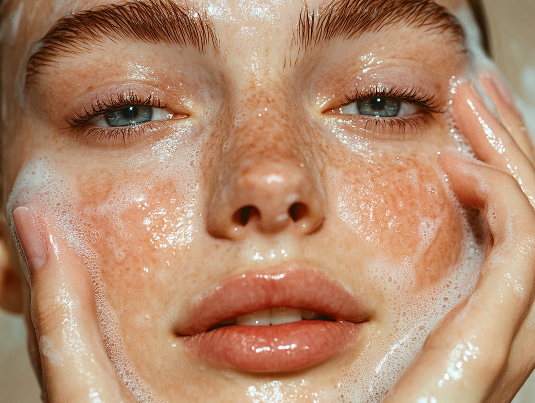benefits of tallow soap shown on a close-up of a woman washing her face with creamy lather for clean, moisturized skin