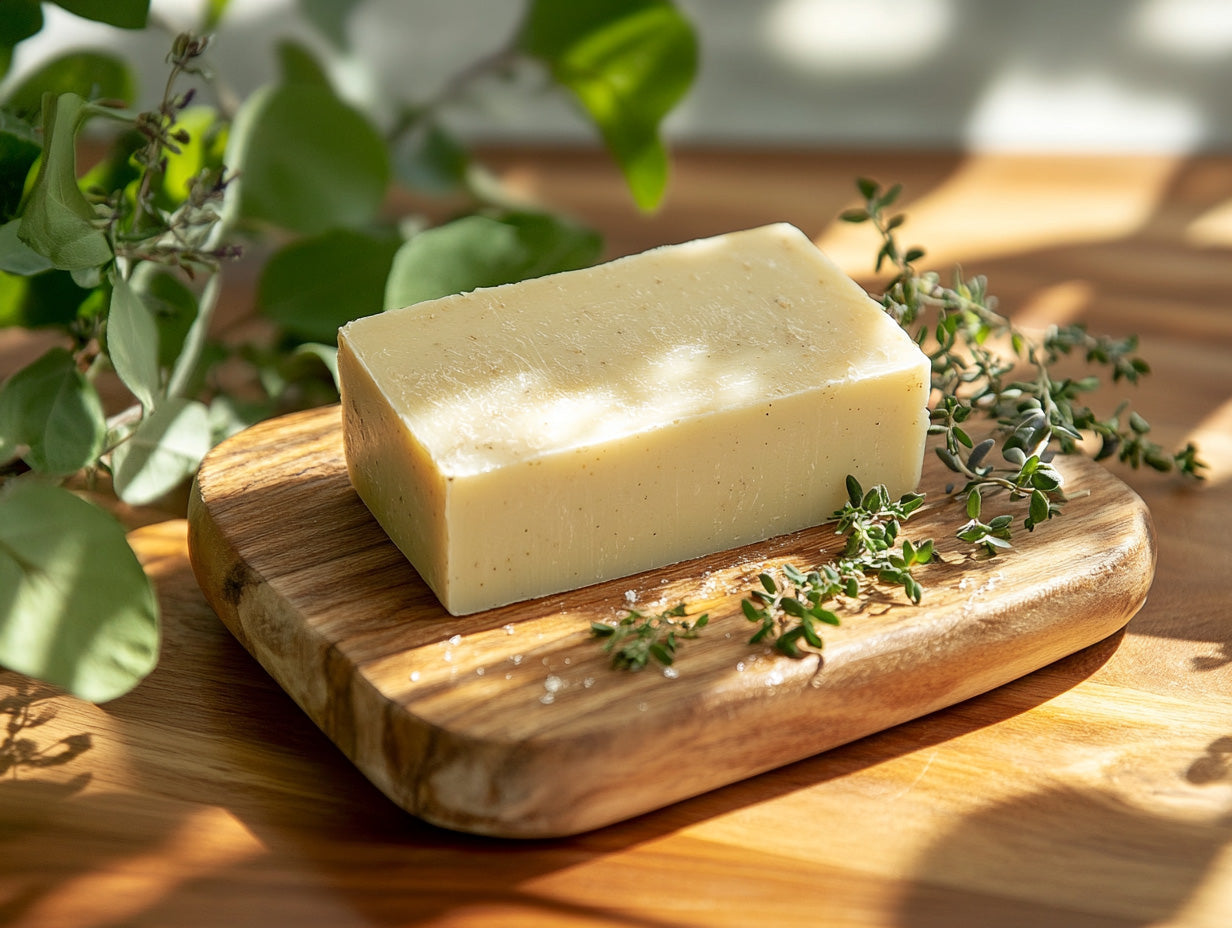 Alt Tag: grass-fed beef tallow soap for anti-aging bar on wooden dish with fresh herbs in natural light