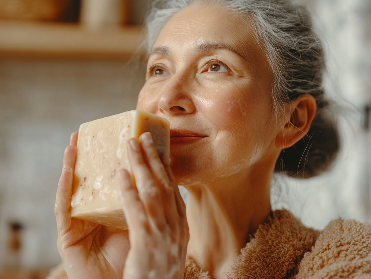Alt Tag: Woman smelling handmade bar soap, grass-fed beef tallow soap for anti-aging in simple clean skincare routine