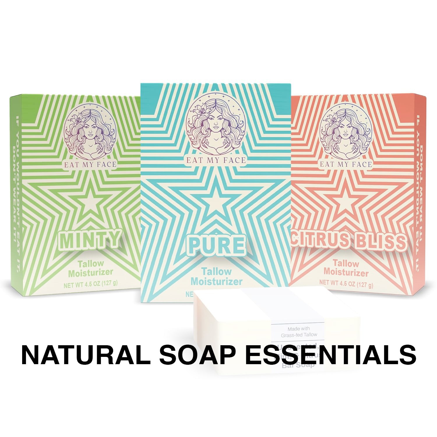 grass-fed tallow soap collection with Minty, Pure, and Citrus Bliss bars for clean gentle lather on face and body