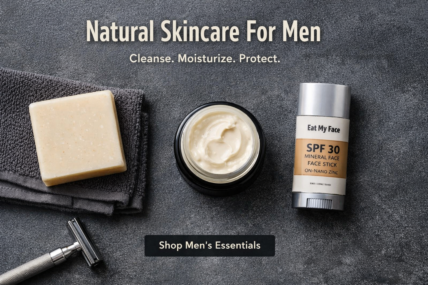 beef tallow skincare for men natural face and body routine with bar soap, tallow cream jar, SPF 30 mineral face stick and razor
