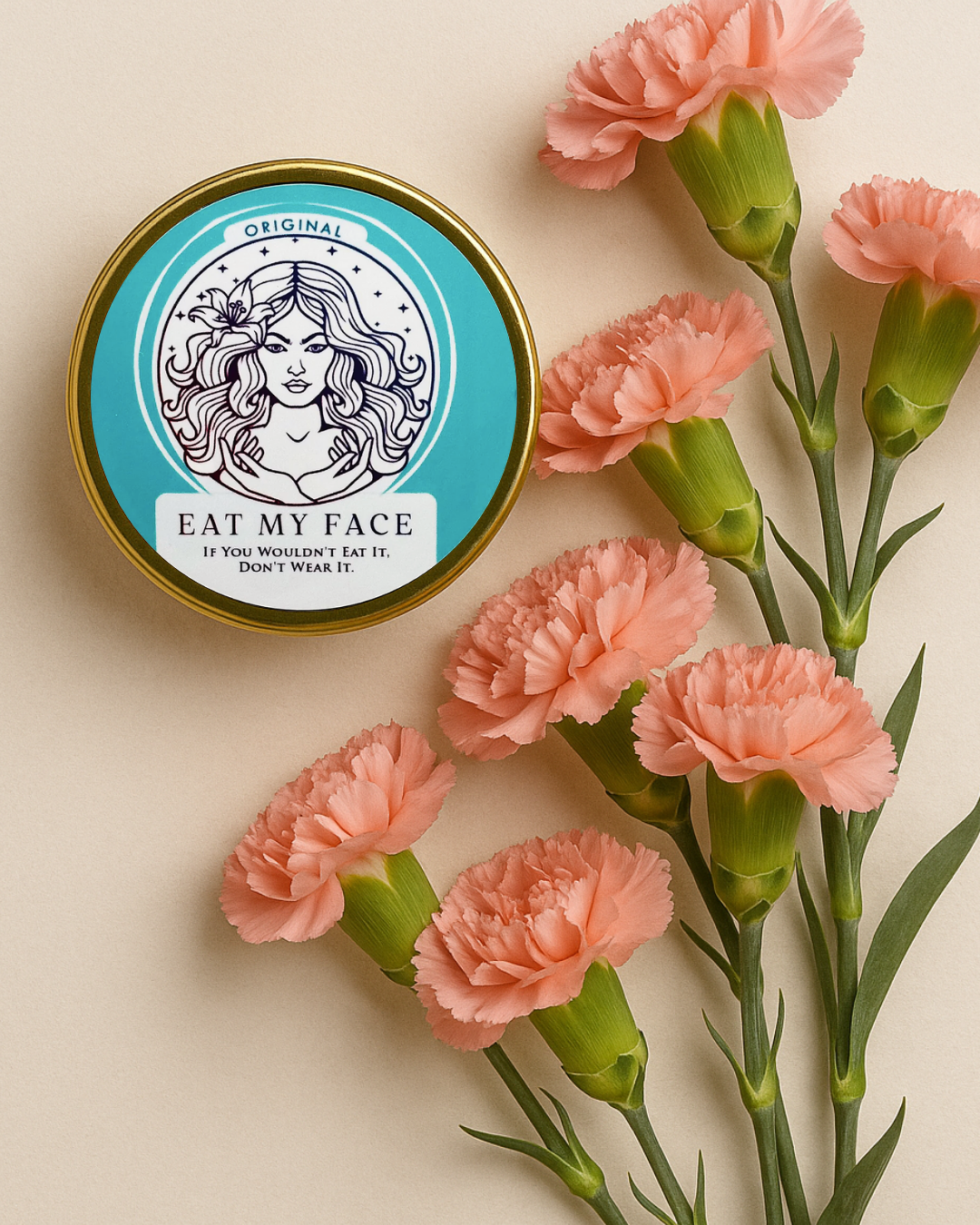 Alt Tag: natural skincare gifts for mom tallow balm tin with pink carnations, clean edible-grade skincare set