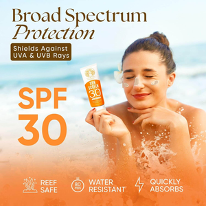 Tinted beef tallow sunscreen SPF 30, broad spectrum UVA/UVB protection, water resistant 80 minutes, quickly absorbs