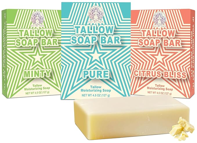 Three boxes of Tallow Soap Bar with different scents and a bar of soap in front.