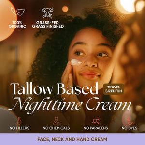 Tallow based nighttime cream in travel sized tin, part of a day and night skincare set for face, neck, and hand.